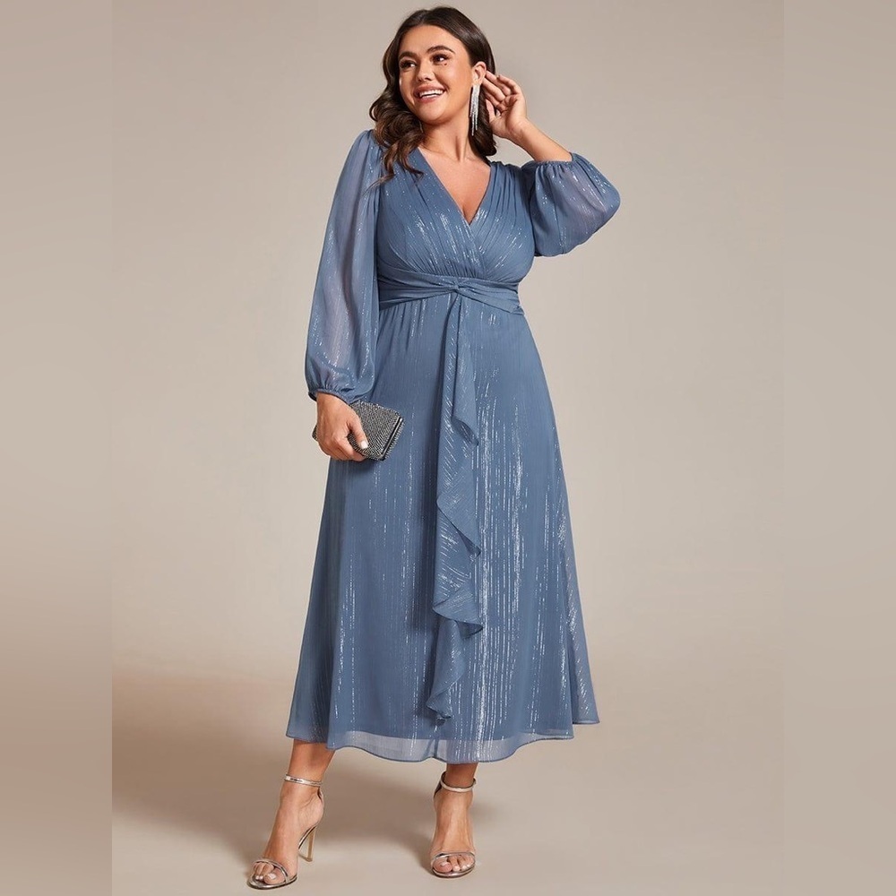 🆕 Plus Size Twist Knot Louts Leaf Long Sleeve A-Line Evening Dress